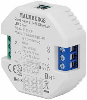 Malmbergs Bluetooth/RF Smart LED driver for dimmable lighting, featuring installation options and app control.