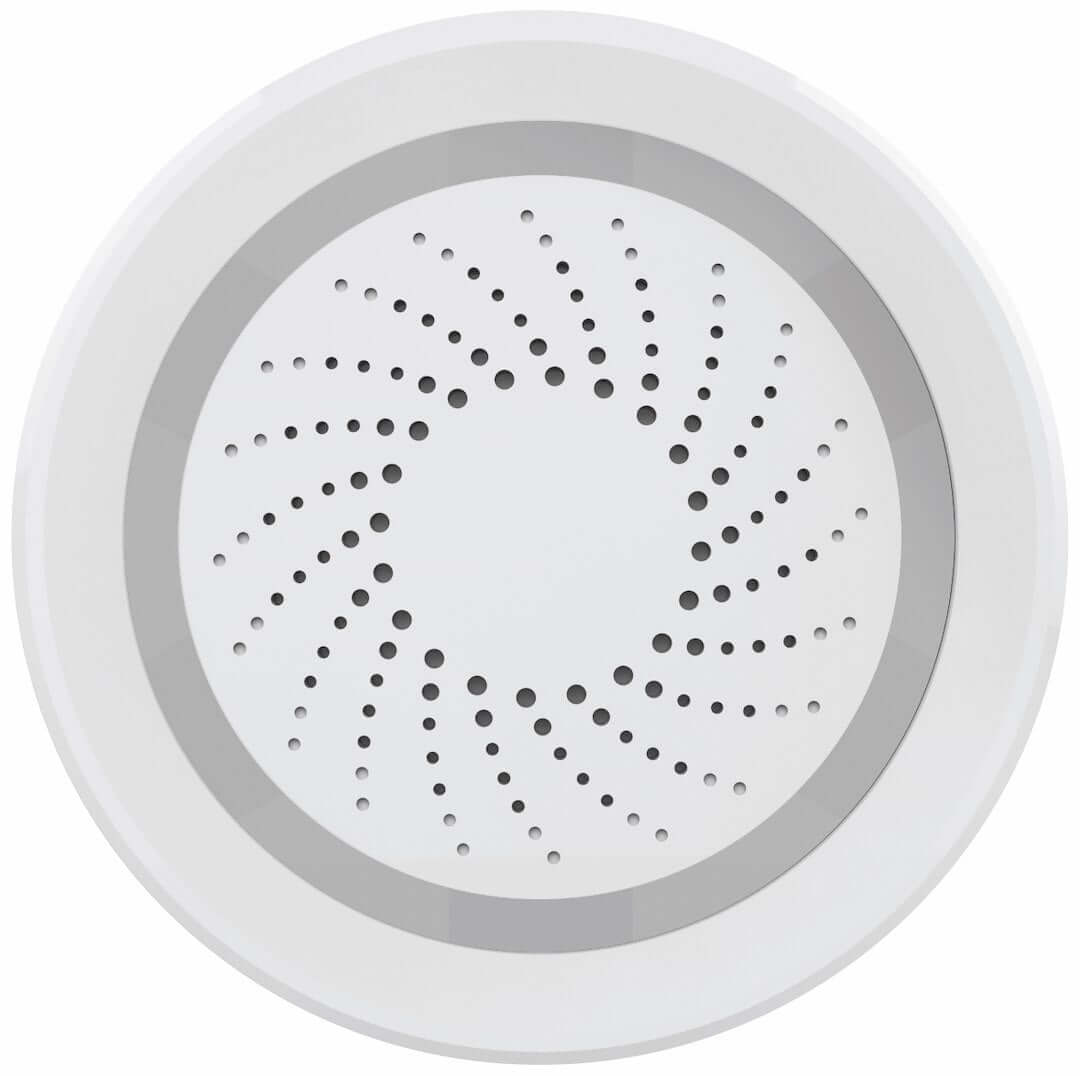 Round white Wi-Fi smart siren with a circular speaker design and perforated pattern for sound output.